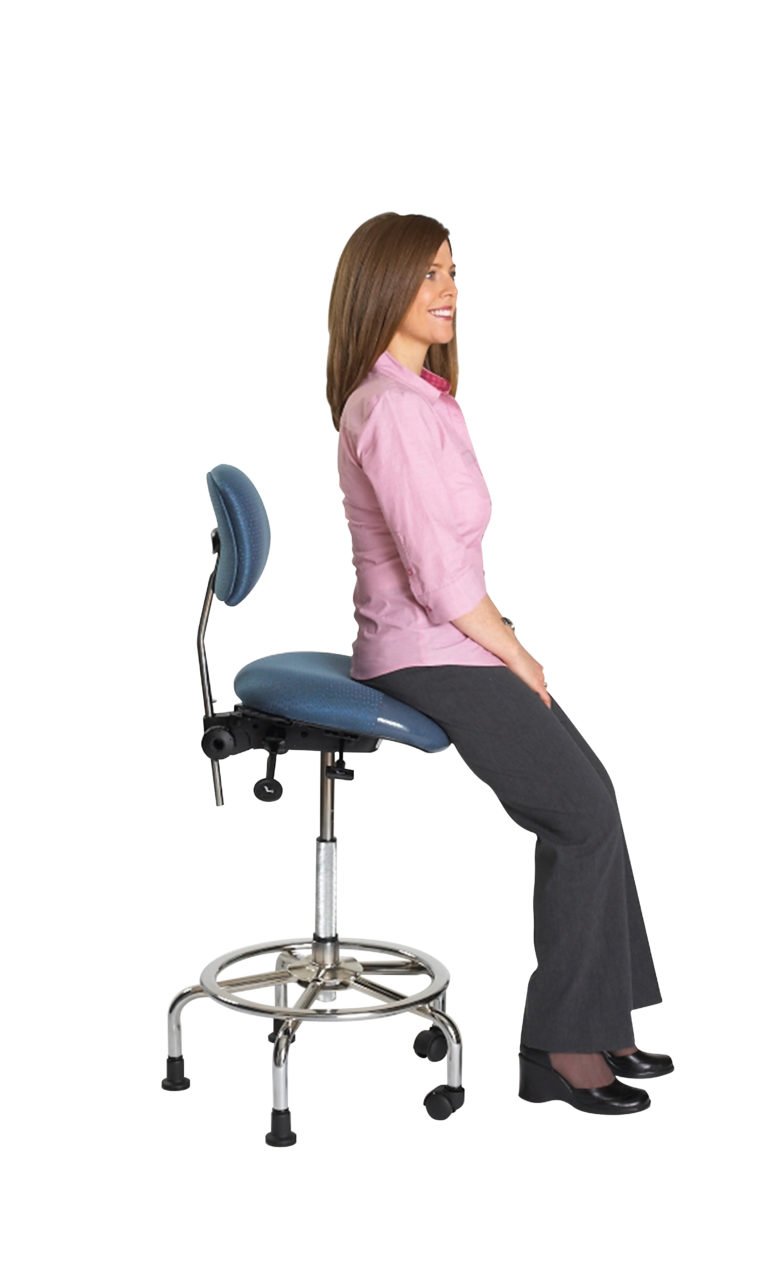 3 in 1 Sit Stand from ergoCentric. Equipped with Tube Mechanism, Chrome Base, Black Seat with No Slip Strip, 2 Casters and 3 Glides
