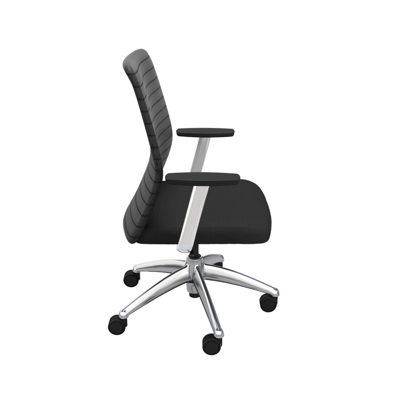 iCentric Mesh Back office chair from ergoCentric. Black. Equipped with 2 Position Lock Swivel Tilt Mechanism, Chrome Fixed Boardroom Arms, Chrome Base, Arms, and Casters.