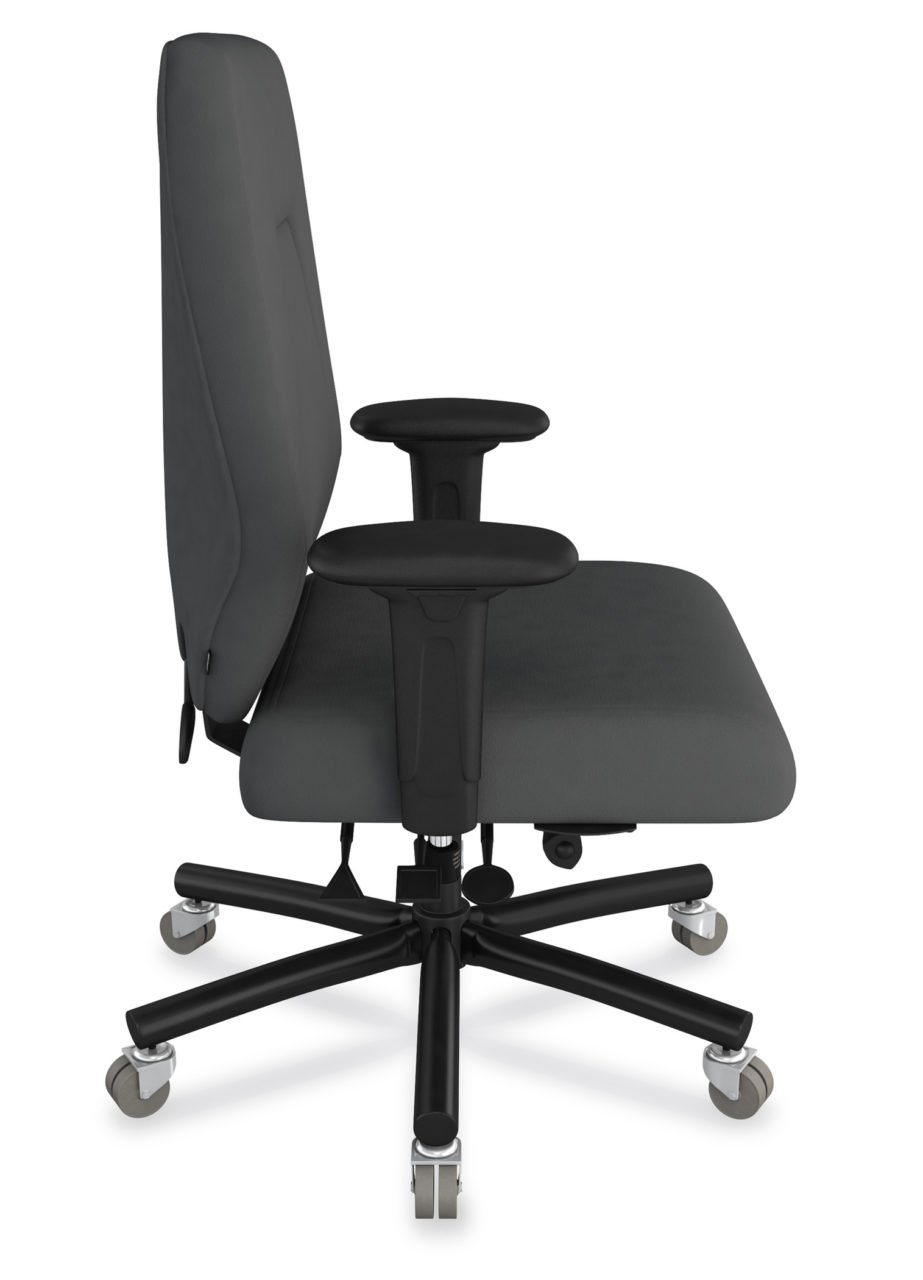 eCentric Executive Heavy Duty chair from ergoCentric. Grey. Equipped with Plus Size Multi Tilt Mechanism, Black Steel Base, Arms, and Dual Wheel Heavy Duty Casters.