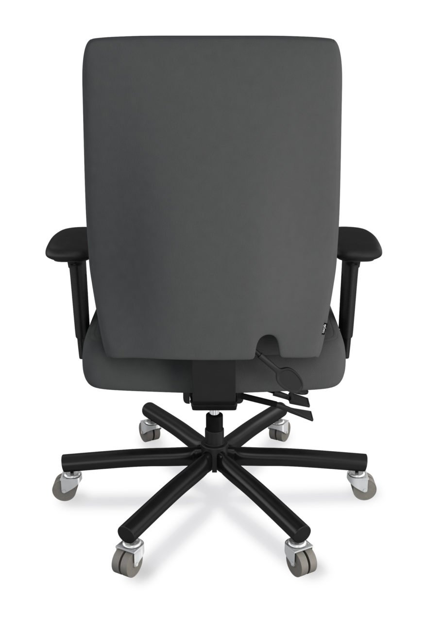 eCentric Executive Heavy Duty chair from ergoCentric. Grey. Equipped with Plus Size Multi Tilt Mechanism, Black Steel Base, Arms, and Dual Wheel Heavy Duty Casters.