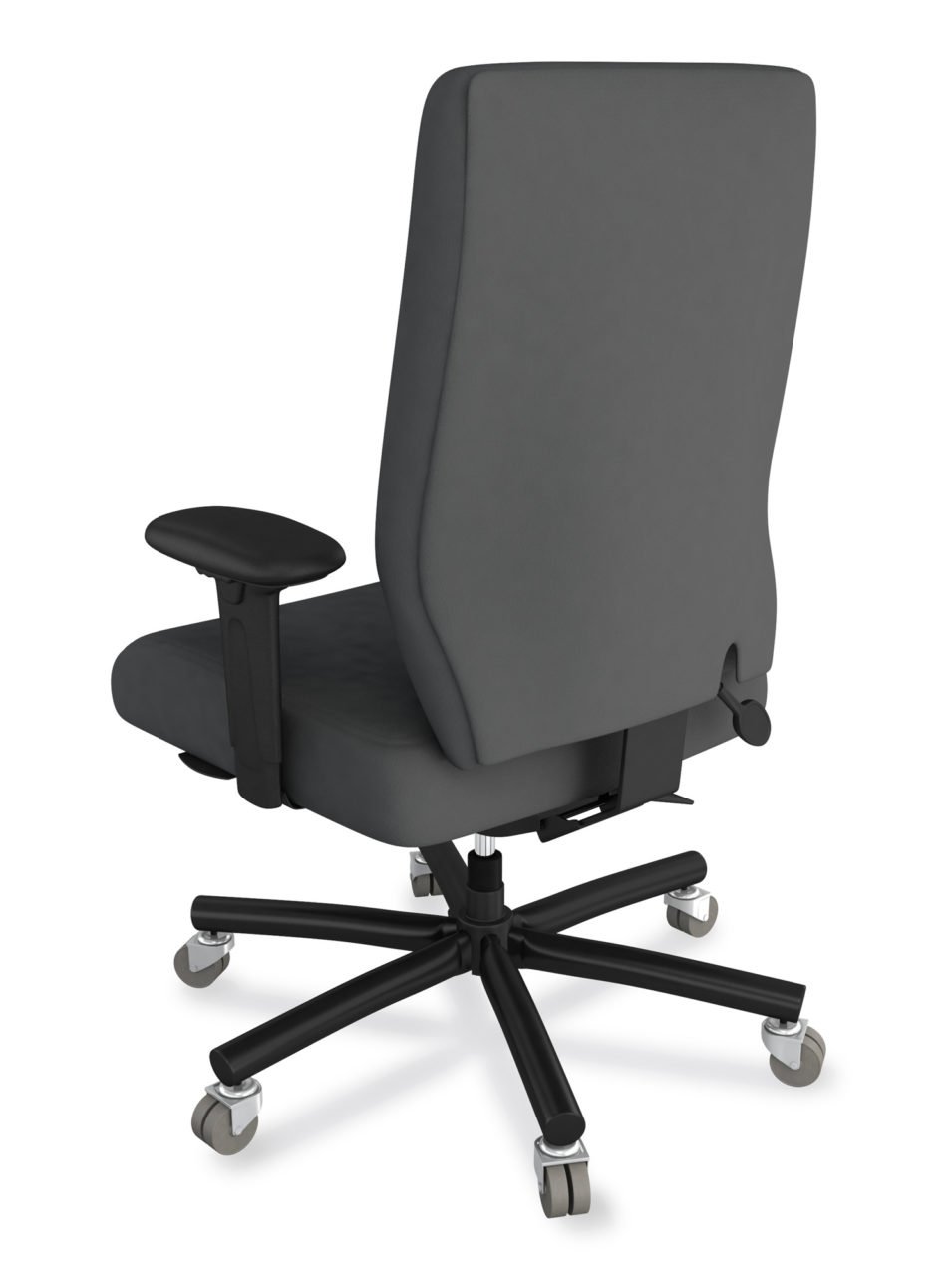 eCentric Executive Heavy Duty chair from ergoCentric. Grey. Equipped with Plus Size Multi Tilt Mechanism, Black Steel Base, Arms, and Dual Wheel Heavy Duty Casters.