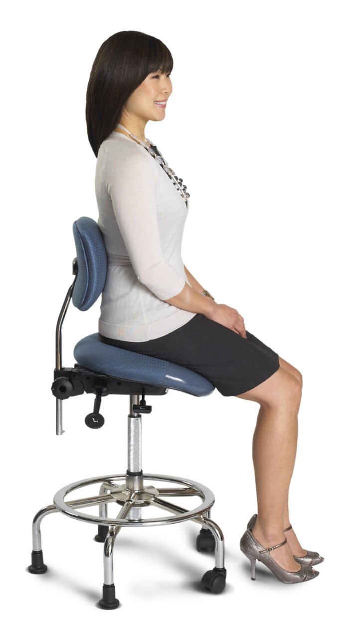 3 in 1 Sit Stand from ergoCentric. Equipped with Tube Mechanism, Chrome Base, Black Seat with No Slip Strip, 2 Casters and 3 Glides