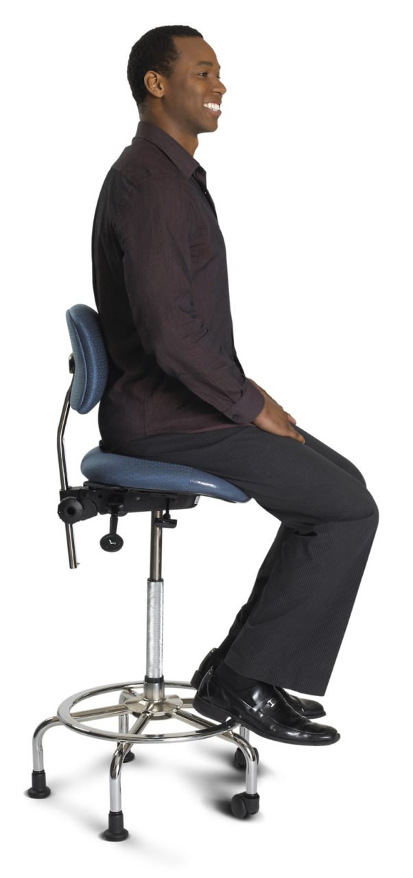 3 in 1 Sit Stand from ergoCentric. Equipped with Tube Mechanism, Chrome Base, Black Seat with No Slip Strip, 2 Casters and 3 Glides