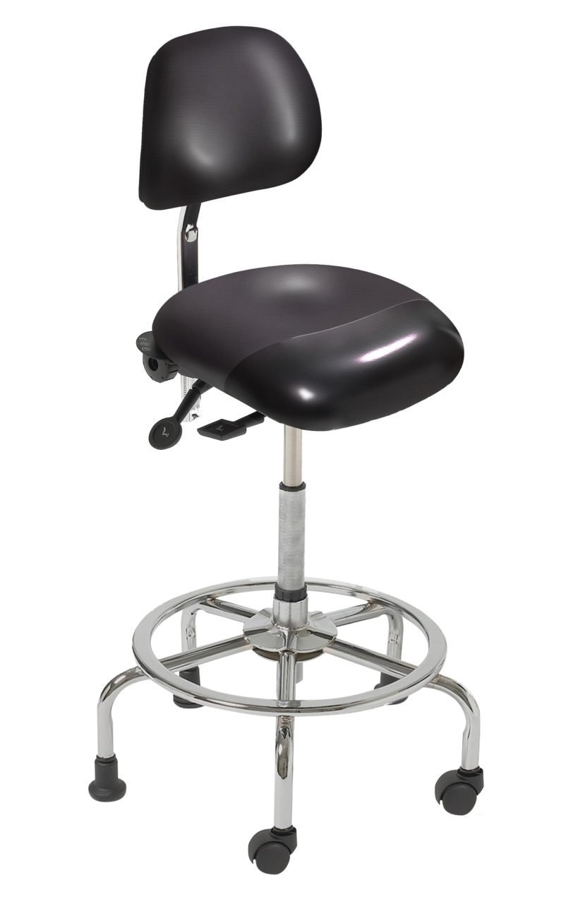 3 in 1 Sit Stand from ergoCentric. Equipped with Tube Mechanism, Chrome Base, Black Seat with No Slip Strip, 2 Casters and 3 Glides